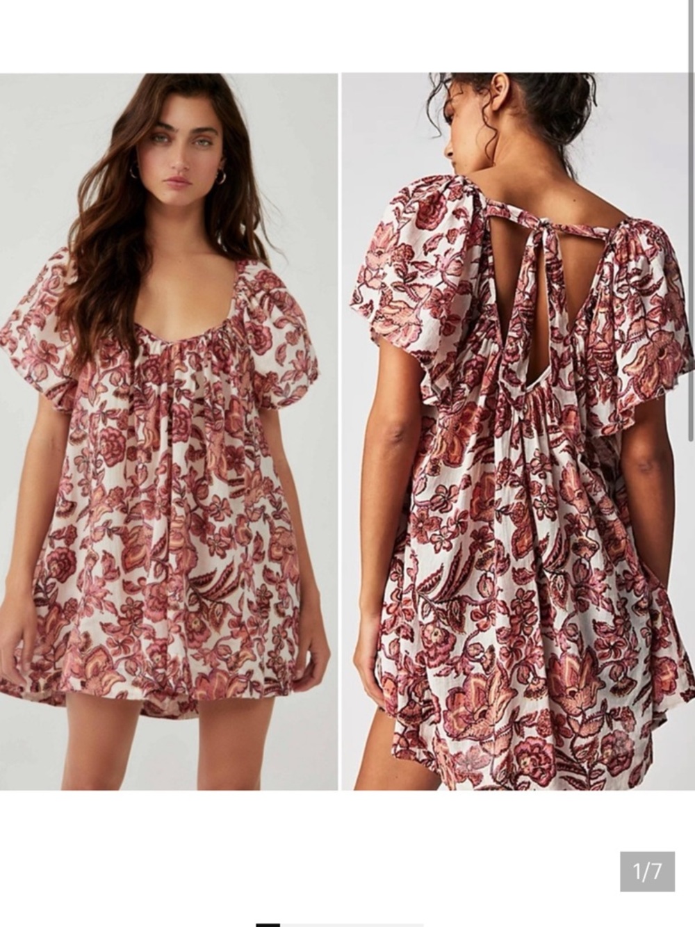 Free People Floral Puff-Sleeve Mini Dress in Rose and Cream
